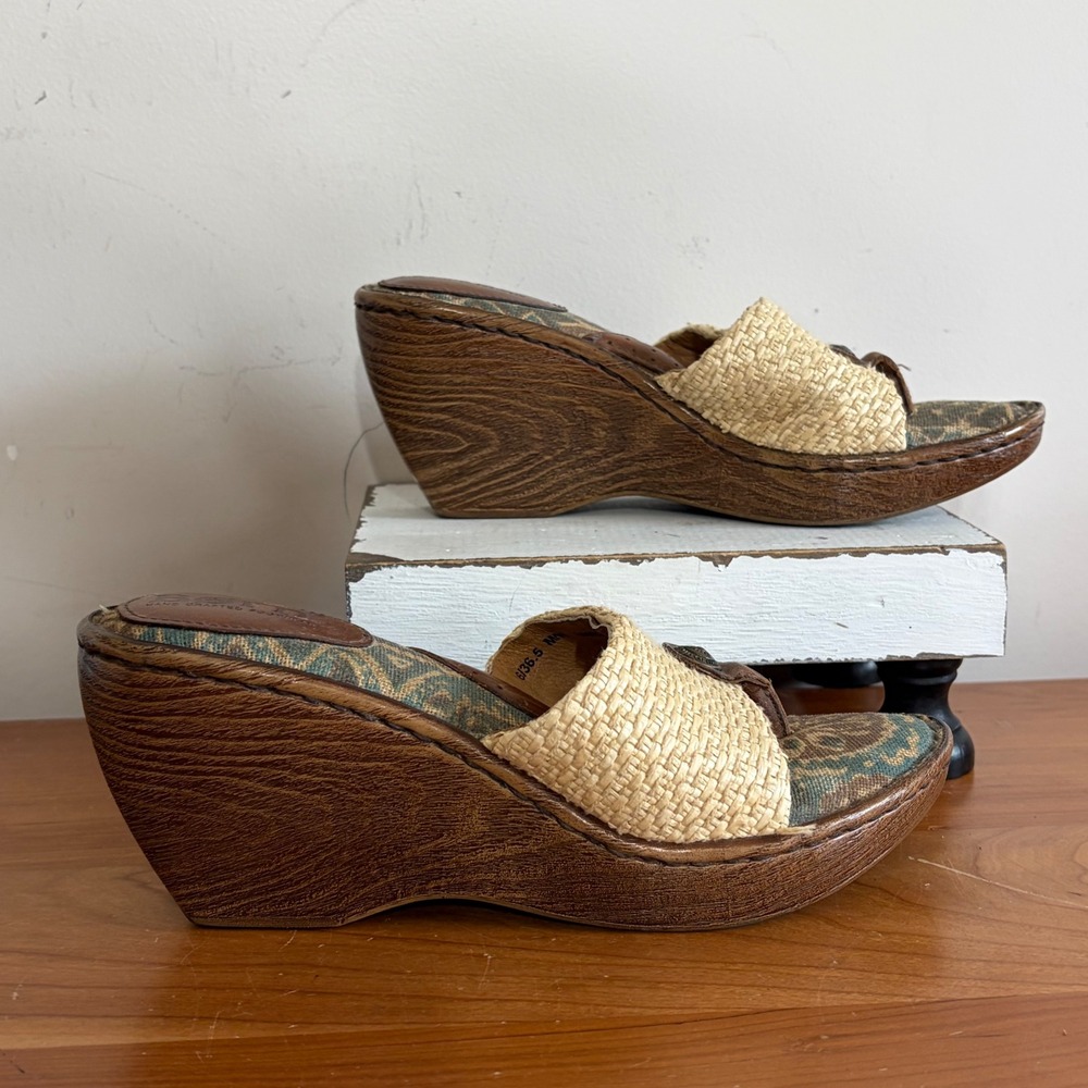 Born Women Brown Straw Paisley Print Wedge Platform Thong Sandals Size 6 36.5